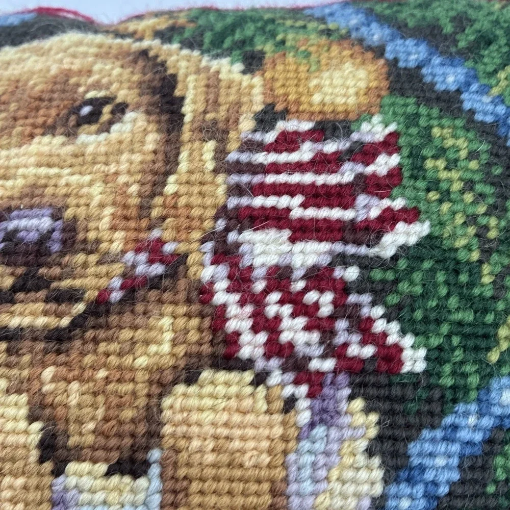 Vintage Christmas Needlepoint Pillow Golden Retriever Puppy in Boot Red Velvet